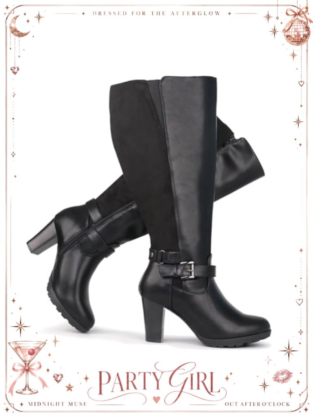 Extra Wide Calf High Heel Dress Boots with Ankle Buckle